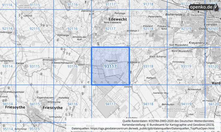 Übersichtskarte des KOSTRA-DWD-2020-Rasterfeldes Nr. 93117