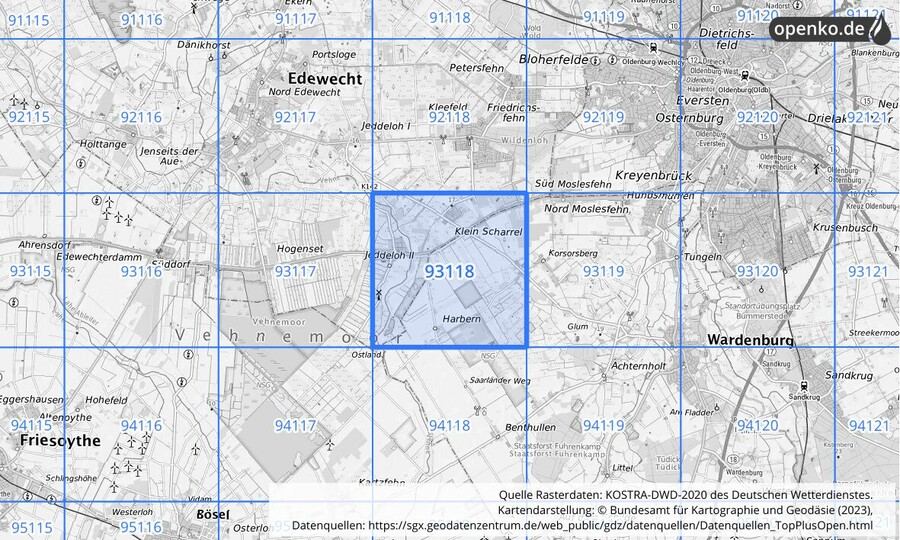 Übersichtskarte des KOSTRA-DWD-2020-Rasterfeldes Nr. 93118