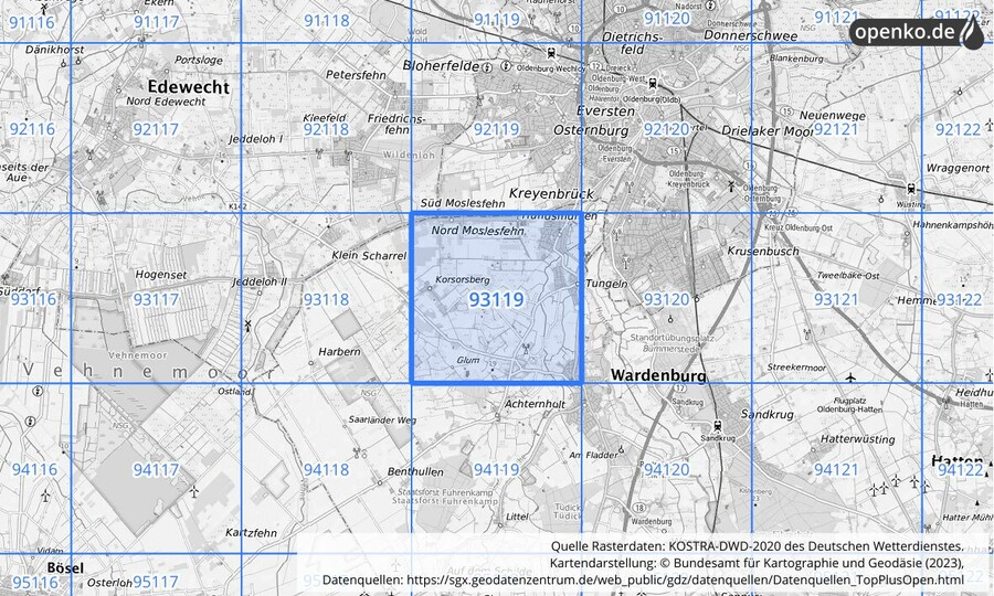 Übersichtskarte des KOSTRA-DWD-2020-Rasterfeldes Nr. 93119