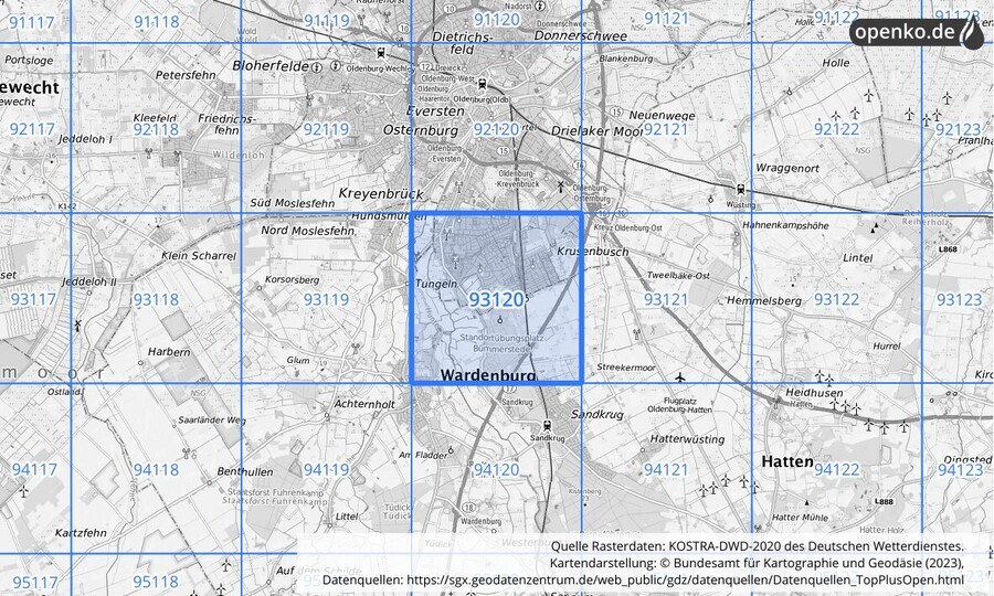 Übersichtskarte des KOSTRA-DWD-2020-Rasterfeldes Nr. 93120