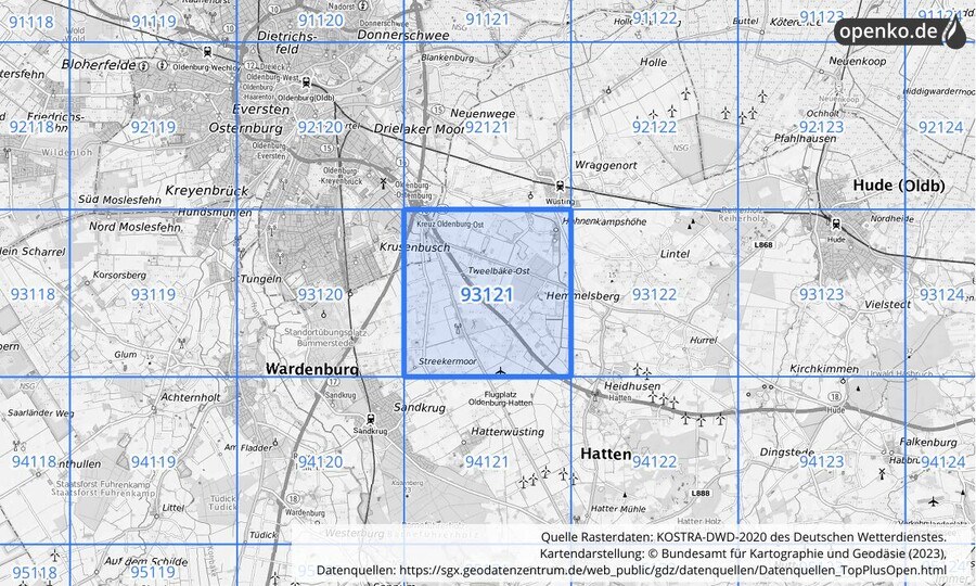 Übersichtskarte des KOSTRA-DWD-2020-Rasterfeldes Nr. 93121