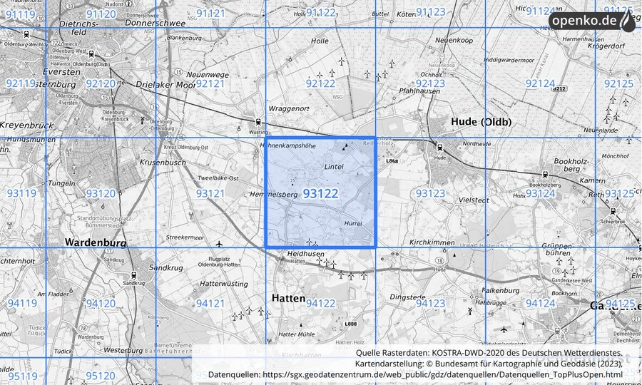 Übersichtskarte des KOSTRA-DWD-2020-Rasterfeldes Nr. 93122