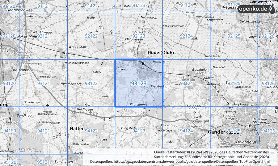 Übersichtskarte des KOSTRA-DWD-2020-Rasterfeldes Nr. 93123