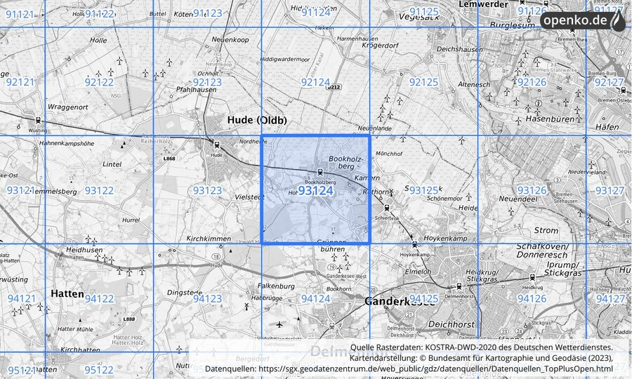 Übersichtskarte des KOSTRA-DWD-2020-Rasterfeldes Nr. 93124