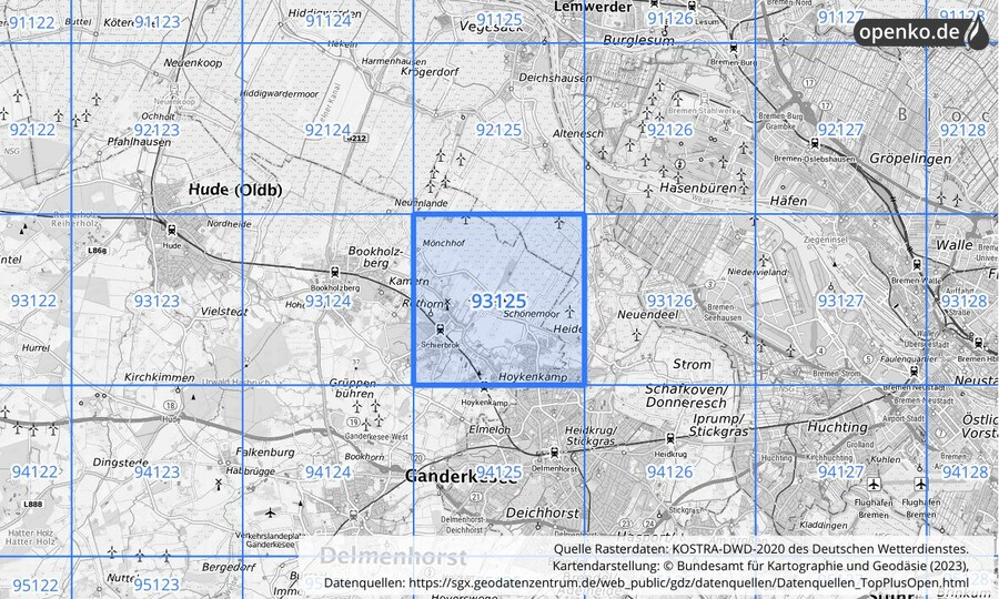 Übersichtskarte des KOSTRA-DWD-2020-Rasterfeldes Nr. 93125