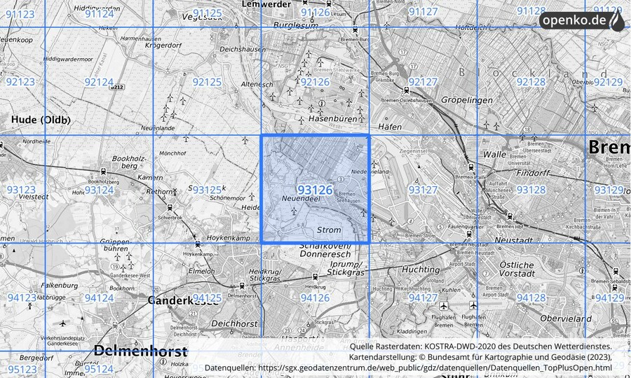 Übersichtskarte des KOSTRA-DWD-2020-Rasterfeldes Nr. 93126