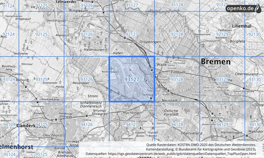 Übersichtskarte des KOSTRA-DWD-2020-Rasterfeldes Nr. 93127