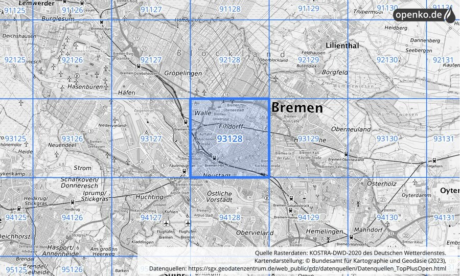 Übersichtskarte des KOSTRA-DWD-2020-Rasterfeldes Nr. 93128