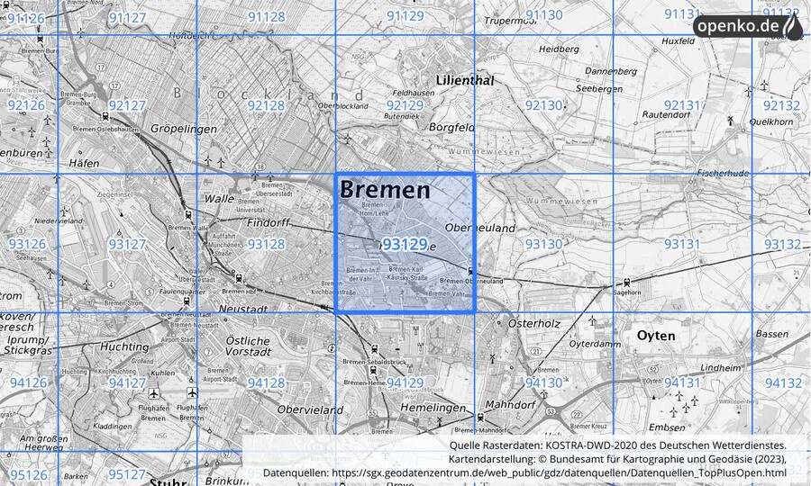 Übersichtskarte des KOSTRA-DWD-2020-Rasterfeldes Nr. 93129