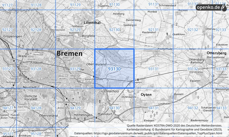 Übersichtskarte des KOSTRA-DWD-2020-Rasterfeldes Nr. 93130