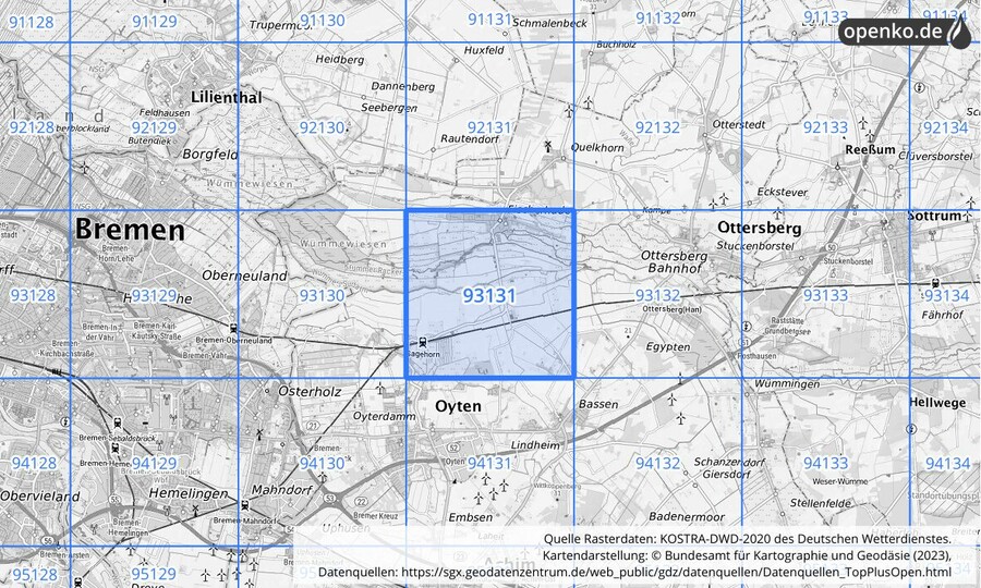 Übersichtskarte des KOSTRA-DWD-2020-Rasterfeldes Nr. 93131