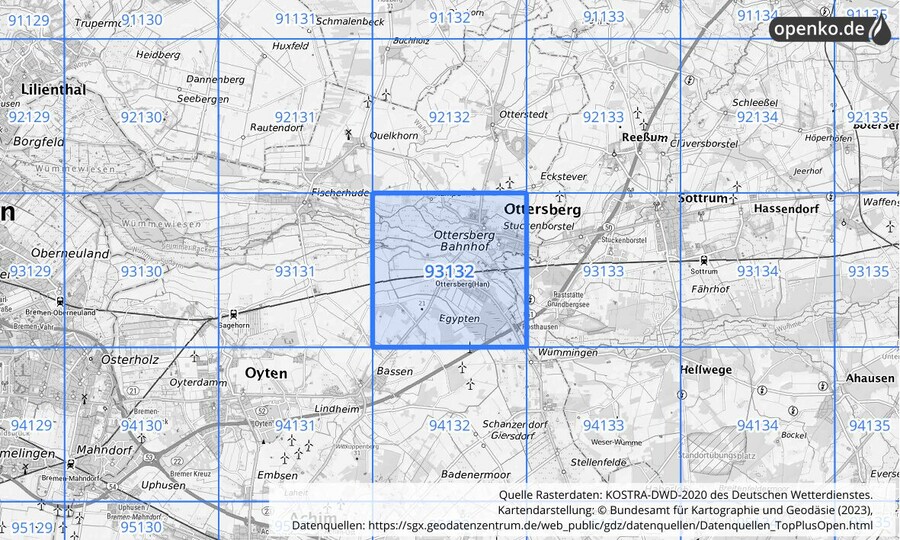 Übersichtskarte des KOSTRA-DWD-2020-Rasterfeldes Nr. 93132