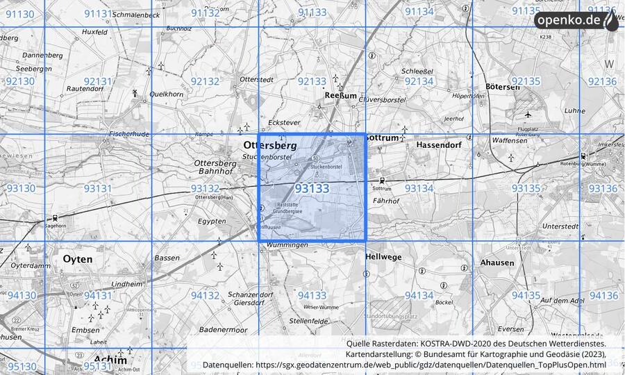 Übersichtskarte des KOSTRA-DWD-2020-Rasterfeldes Nr. 93133