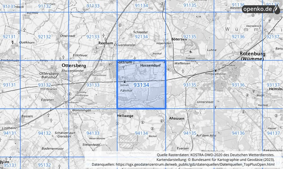 Übersichtskarte des KOSTRA-DWD-2020-Rasterfeldes Nr. 93134