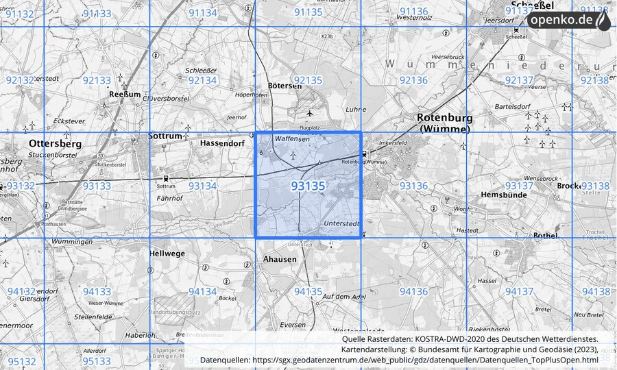 Übersichtskarte des KOSTRA-DWD-2020-Rasterfeldes Nr. 93135