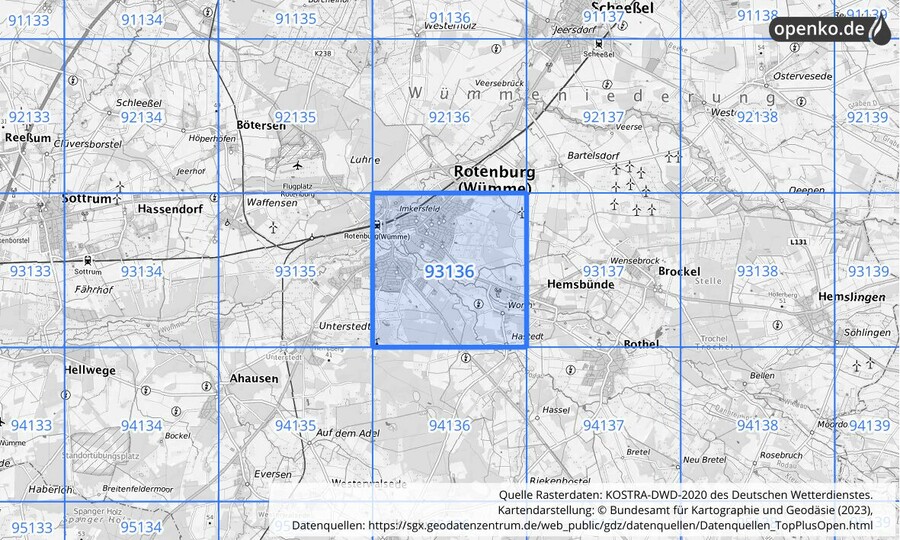 Übersichtskarte des KOSTRA-DWD-2020-Rasterfeldes Nr. 93136