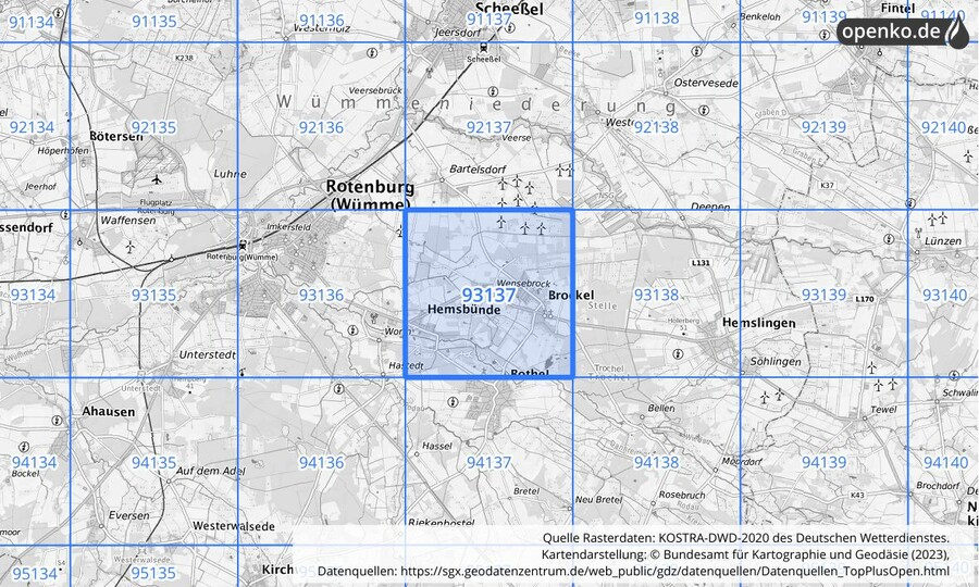 Übersichtskarte des KOSTRA-DWD-2020-Rasterfeldes Nr. 93137