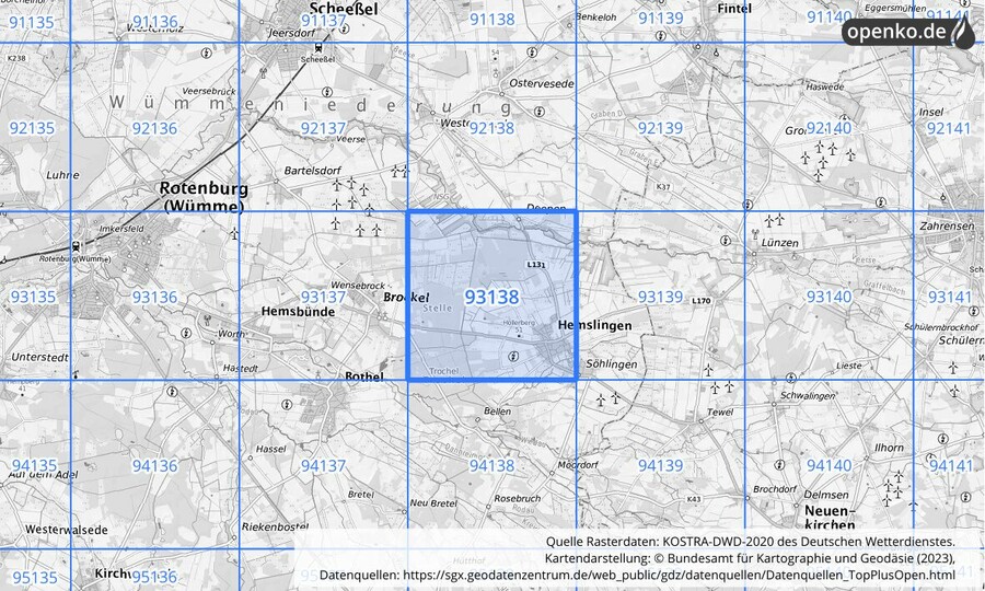 Übersichtskarte des KOSTRA-DWD-2020-Rasterfeldes Nr. 93138