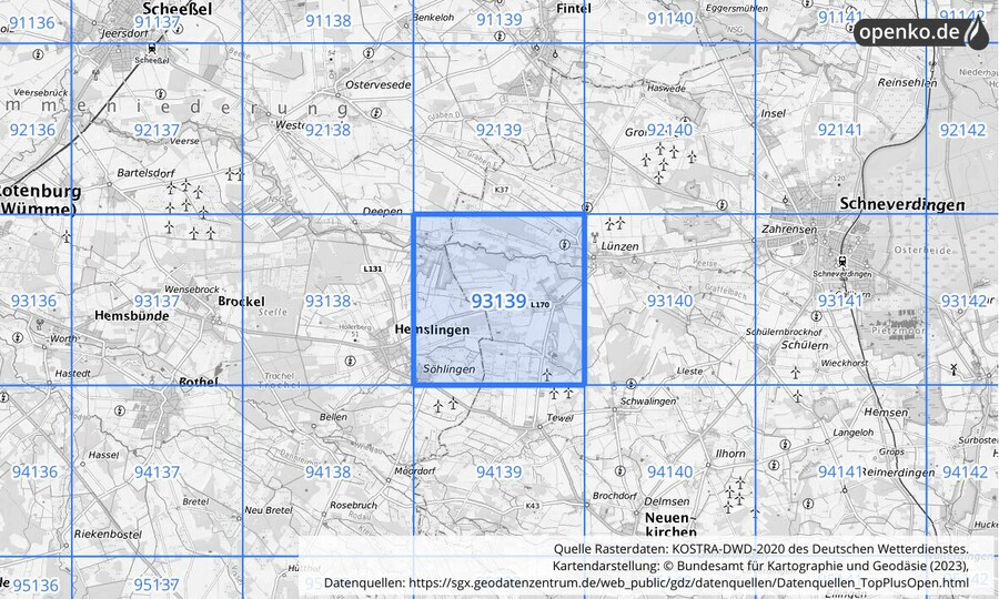 Übersichtskarte des KOSTRA-DWD-2020-Rasterfeldes Nr. 93139