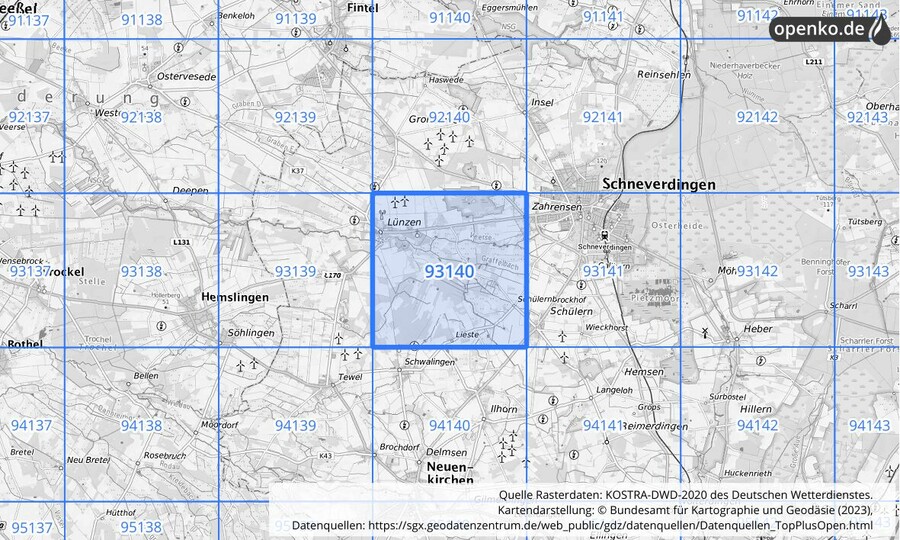 Übersichtskarte des KOSTRA-DWD-2020-Rasterfeldes Nr. 93140