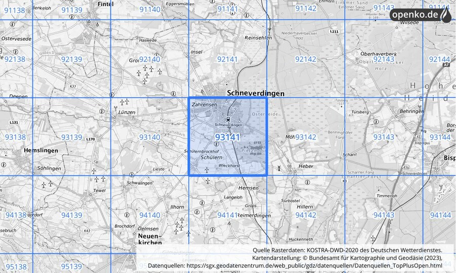 Übersichtskarte des KOSTRA-DWD-2020-Rasterfeldes Nr. 93141