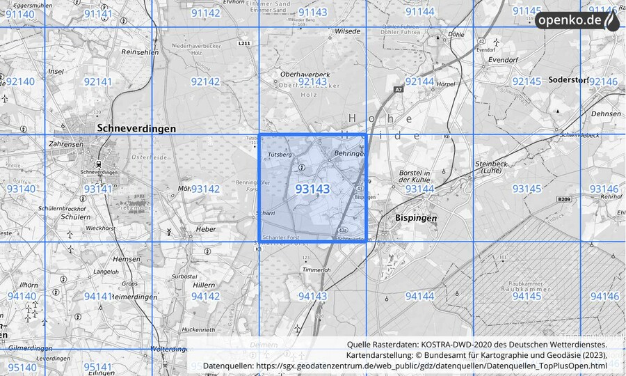 Übersichtskarte des KOSTRA-DWD-2020-Rasterfeldes Nr. 93143