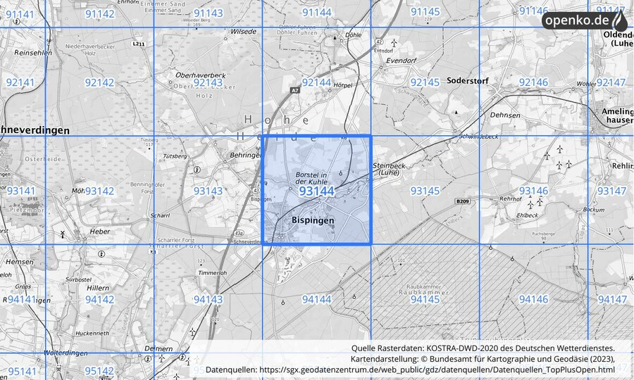 Übersichtskarte des KOSTRA-DWD-2020-Rasterfeldes Nr. 93144