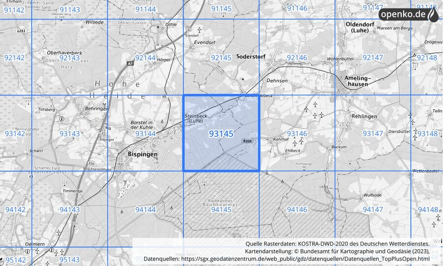 Übersichtskarte des KOSTRA-DWD-2020-Rasterfeldes Nr. 93145