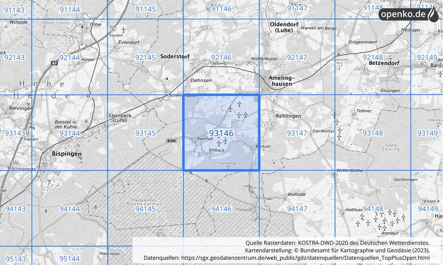 Übersichtskarte des KOSTRA-DWD-2020-Rasterfeldes Nr. 93146