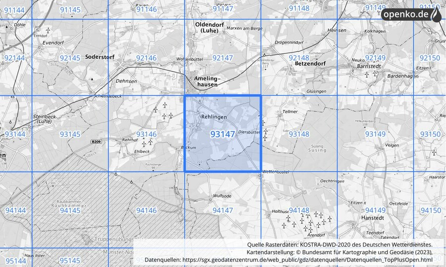 Übersichtskarte des KOSTRA-DWD-2020-Rasterfeldes Nr. 93147