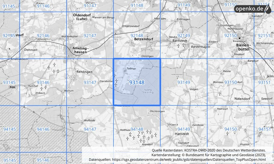 Übersichtskarte des KOSTRA-DWD-2020-Rasterfeldes Nr. 93148