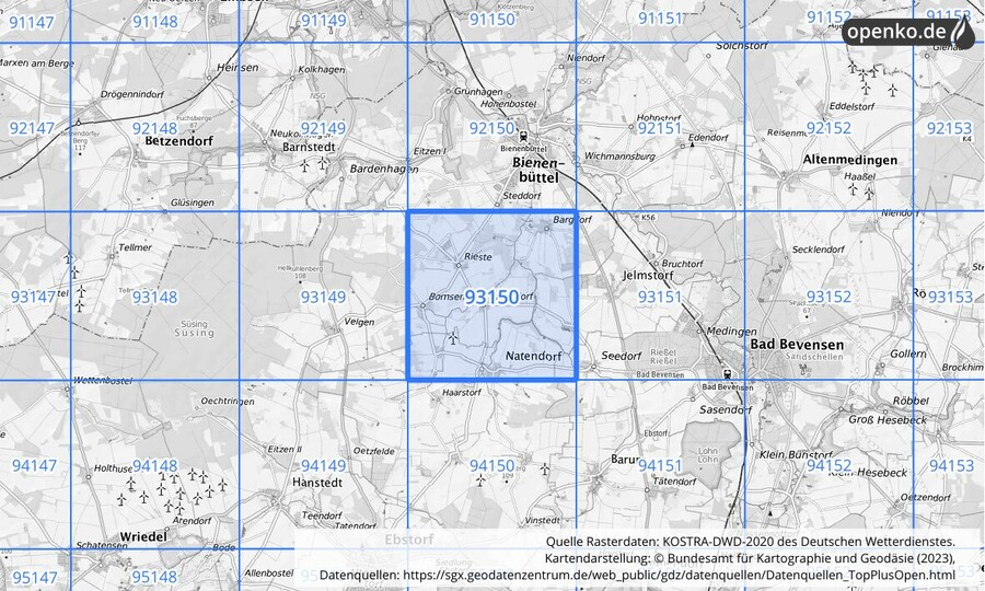 Übersichtskarte des KOSTRA-DWD-2020-Rasterfeldes Nr. 93150