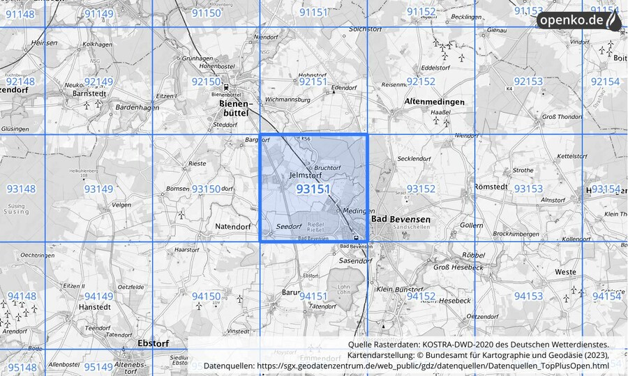 Übersichtskarte des KOSTRA-DWD-2020-Rasterfeldes Nr. 93151