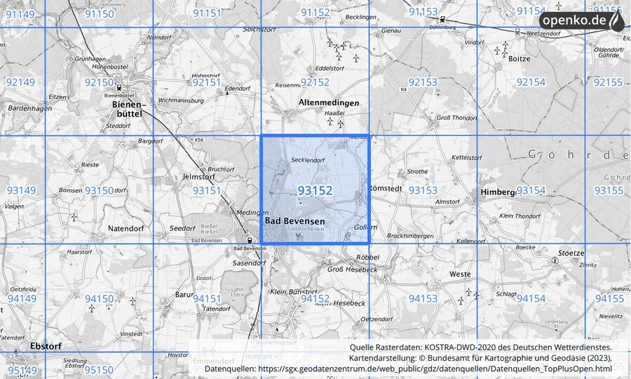 Übersichtskarte des KOSTRA-DWD-2020-Rasterfeldes Nr. 93152