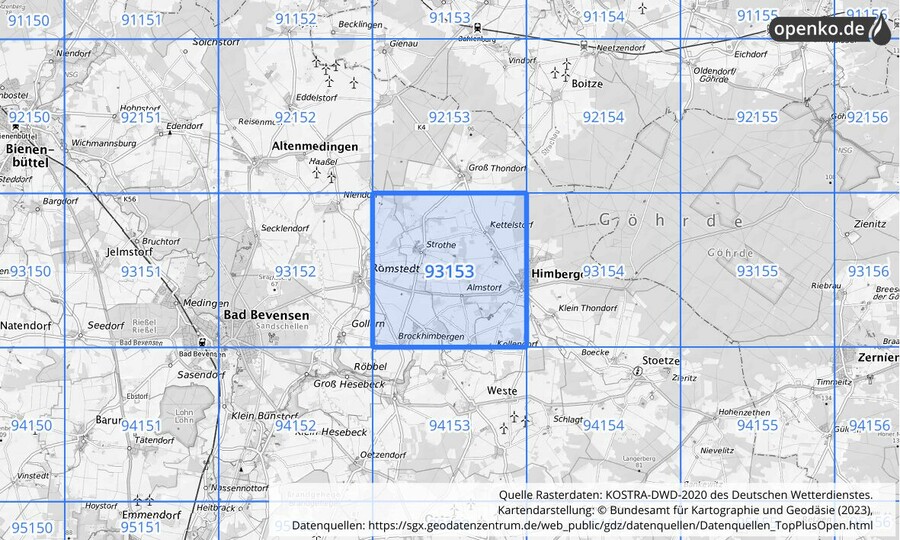 Übersichtskarte des KOSTRA-DWD-2020-Rasterfeldes Nr. 93153