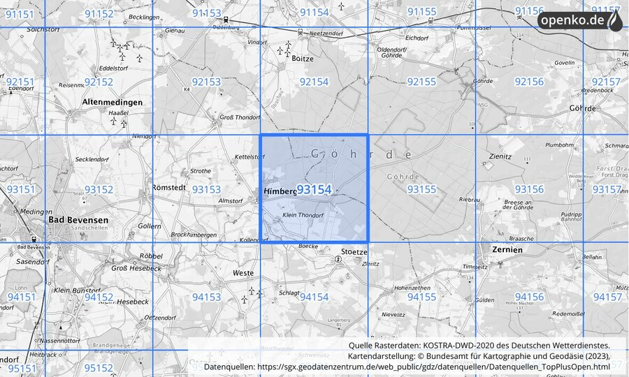 Übersichtskarte des KOSTRA-DWD-2020-Rasterfeldes Nr. 93154