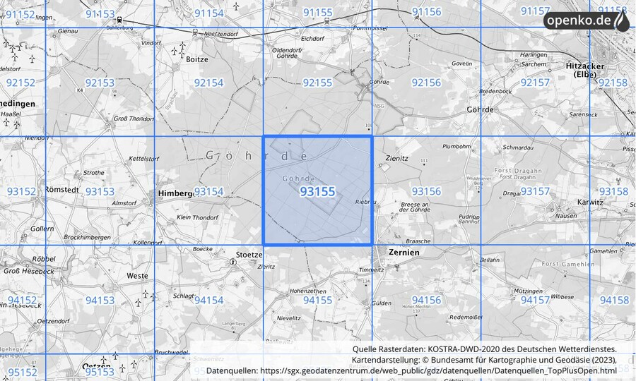 Übersichtskarte des KOSTRA-DWD-2020-Rasterfeldes Nr. 93155