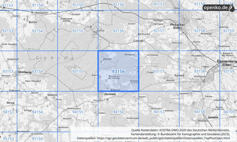 Übersichtskarte des KOSTRA-DWD-2020-Rasterfeldes Nr. 93156