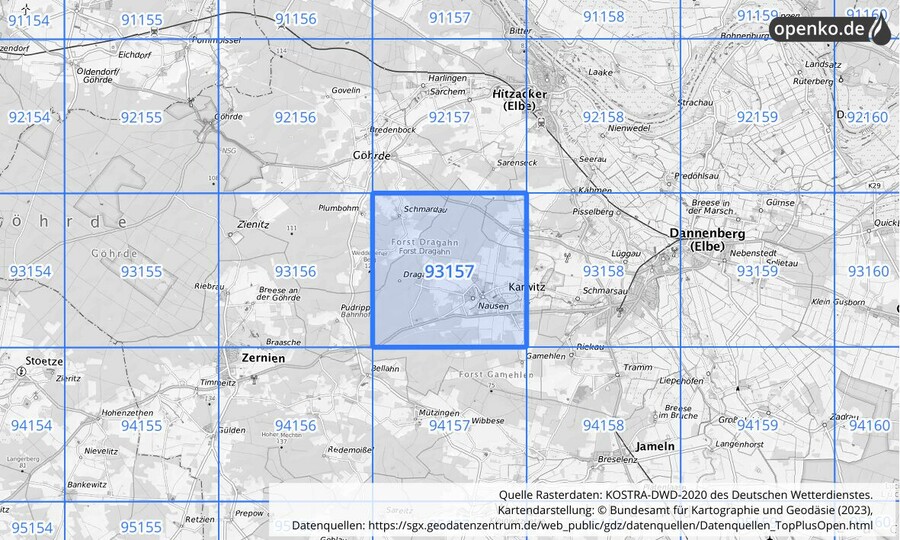 Übersichtskarte des KOSTRA-DWD-2020-Rasterfeldes Nr. 93157