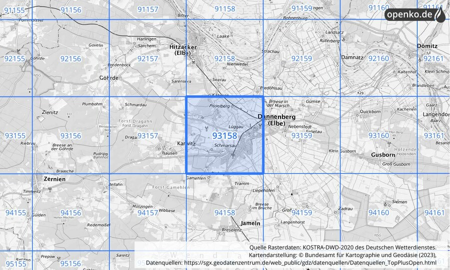 Übersichtskarte des KOSTRA-DWD-2020-Rasterfeldes Nr. 93158