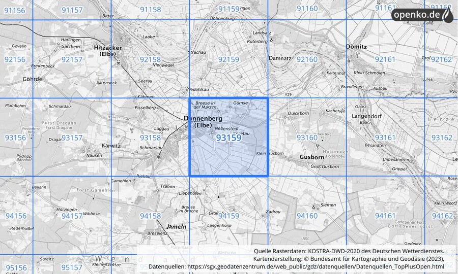 Übersichtskarte des KOSTRA-DWD-2020-Rasterfeldes Nr. 93159