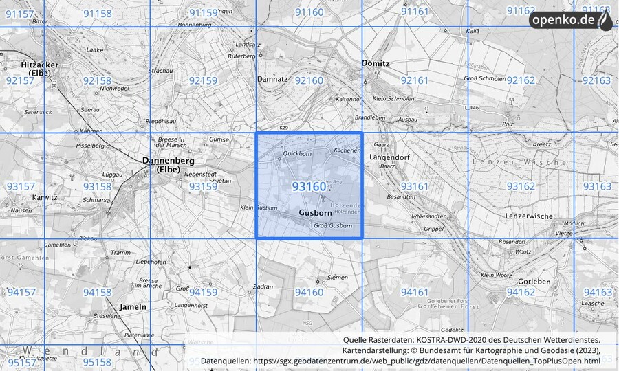 Übersichtskarte des KOSTRA-DWD-2020-Rasterfeldes Nr. 93160