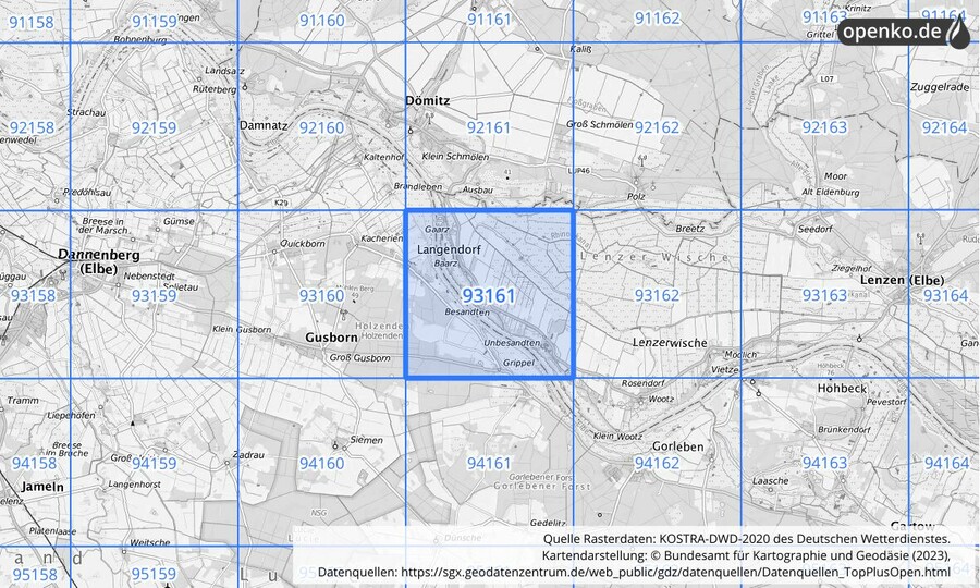 Übersichtskarte des KOSTRA-DWD-2020-Rasterfeldes Nr. 93161