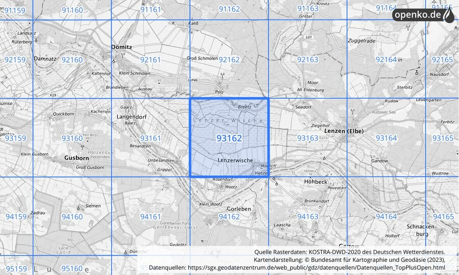 Übersichtskarte des KOSTRA-DWD-2020-Rasterfeldes Nr. 93162