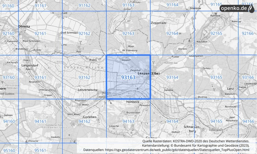 Übersichtskarte des KOSTRA-DWD-2020-Rasterfeldes Nr. 93163