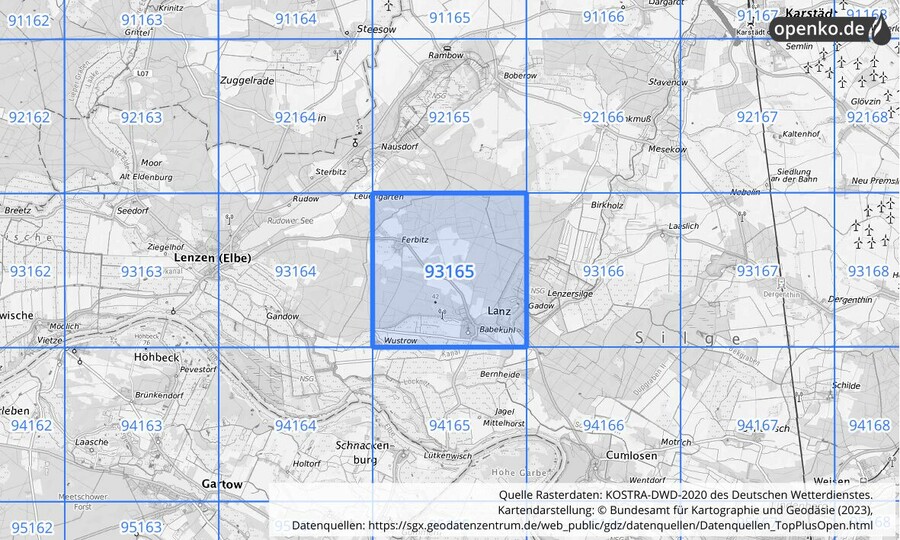 Übersichtskarte des KOSTRA-DWD-2020-Rasterfeldes Nr. 93165