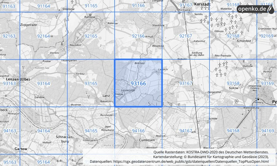 Übersichtskarte des KOSTRA-DWD-2020-Rasterfeldes Nr. 93166