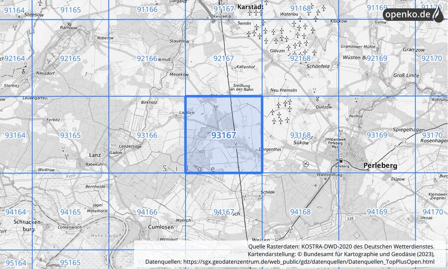 Übersichtskarte des KOSTRA-DWD-2020-Rasterfeldes Nr. 93167