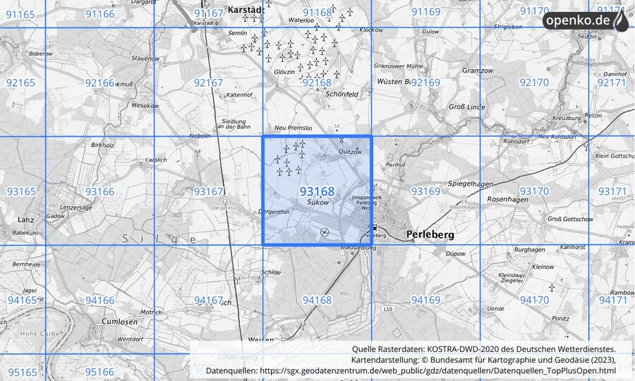 Übersichtskarte des KOSTRA-DWD-2020-Rasterfeldes Nr. 93168