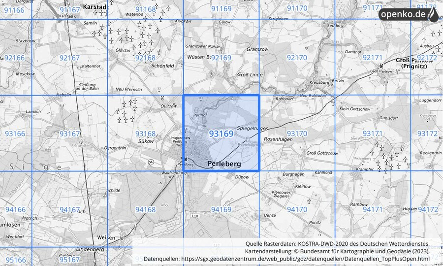 Übersichtskarte des KOSTRA-DWD-2020-Rasterfeldes Nr. 93169